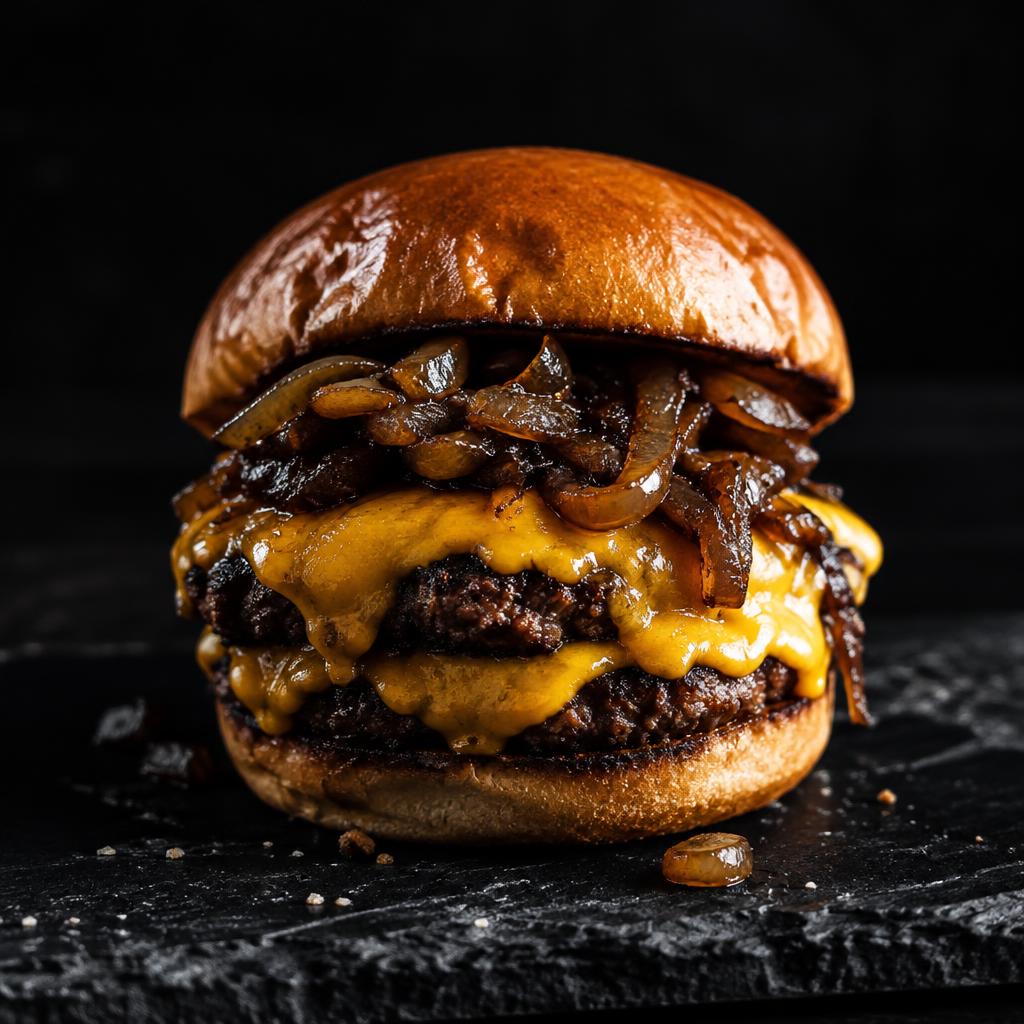 Cheeseburger with caramelised onions