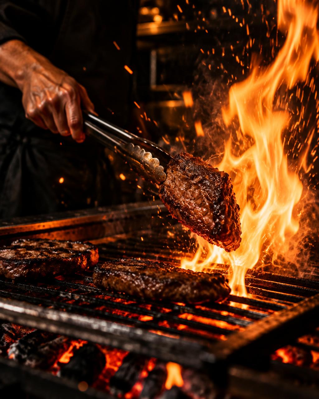 Meat being flipped over open flames