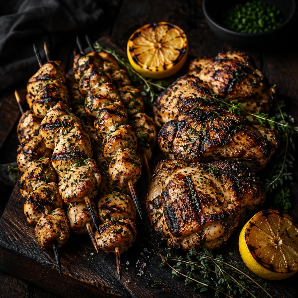 Grilled chicken skewers with lemon