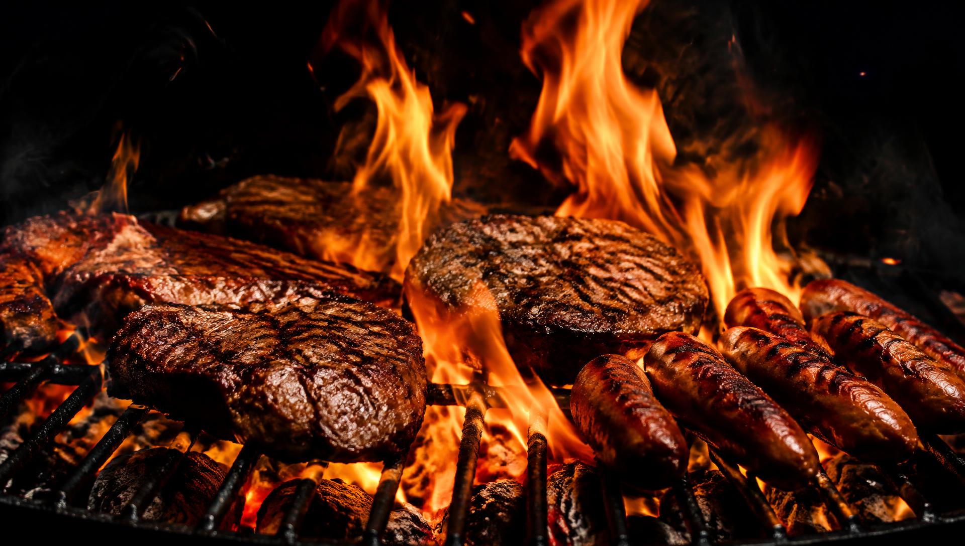 Kebabs and grilled meats cooking over an open flame