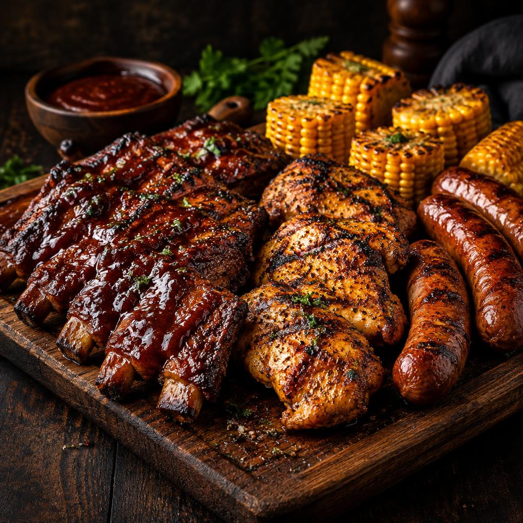 BBQ platter with ribs, chicken and sausages