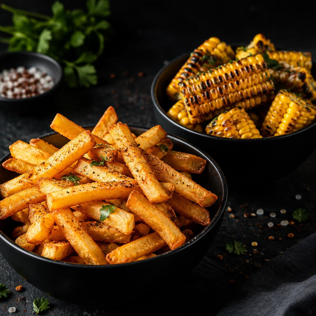 Fries and grilled corn
