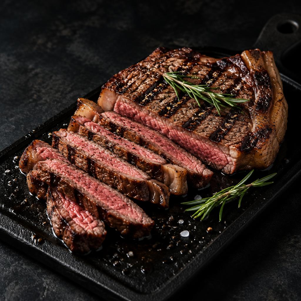 Sliced grilled steak with rosemary